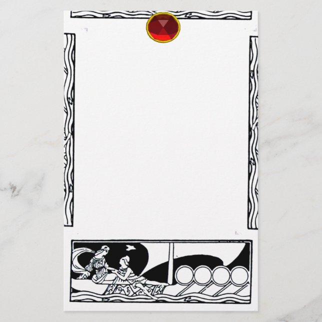 ANTIQUE VESSEL AND LOVERS Red Ruby Gem Black White Stationery (Front)