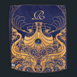 Antique Vessel,Dolphins,Gold,Navy Blue Monogram Backpack<br><div class="desc">Elegant and classy vintage style nautical monogram design with a bright 3d gem stone easily customisable with your own  initials  and text,  3D graphics and digital graphic elaboration  by Bulgan Lumini .</div>