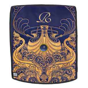Antique Vessel,Dolphins,Gold,Navy Blue Monogram Backpack