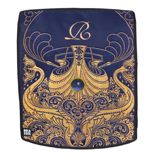 Antique Vessel,Dolphins,Gold,Navy Blue Monogram Backpack (Removable Face)