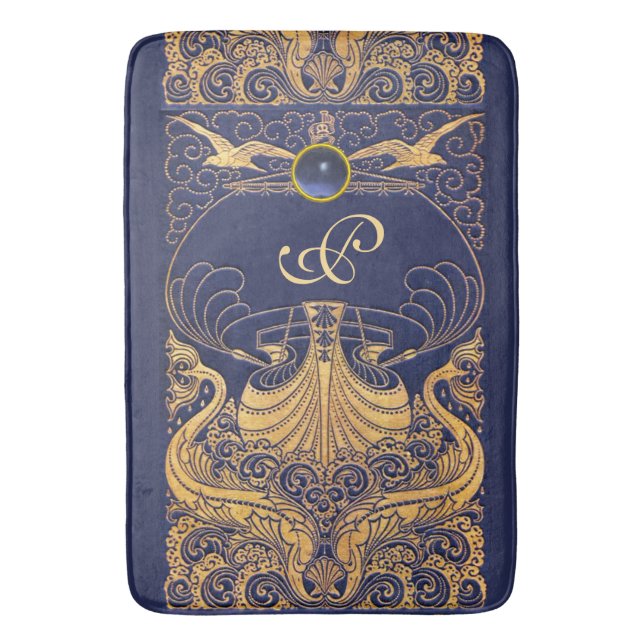 Antique Vessel,Dolphins,Gold,Navy Blue Monogram Bath Mat (Front Vertical)