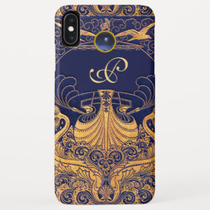 Antique Vessel,Dolphins,Gold,Navy Blue Monogram iPhone XS Max Case