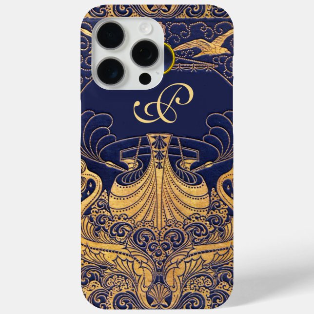 Antique Vessel,Dolphins,Gold,Navy Blue Monogram Case-Mate iPhone Case (Back)