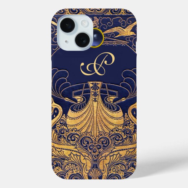 Antique Vessel,Dolphins,Gold,Navy Blue Monogram Case-Mate iPhone Case (Back)