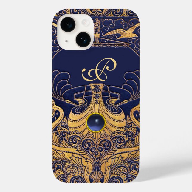 Antique Vessel,Dolphins,Gold,Navy Blue Monogram Case-Mate iPhone Case (Back)