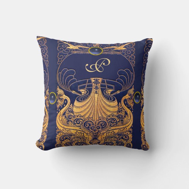Antique Vessel,Dolphins,Gold,Navy Blue Monogram Cushion (Front)
