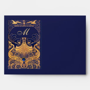 Antique Vessel,Dolphins,Gold,Navy Blue Monogram Envelope