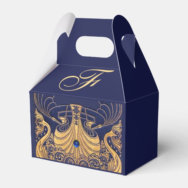 Antique Vessel,Dolphins,Gold,Navy Blue Monogram Favour Box (Front Side)