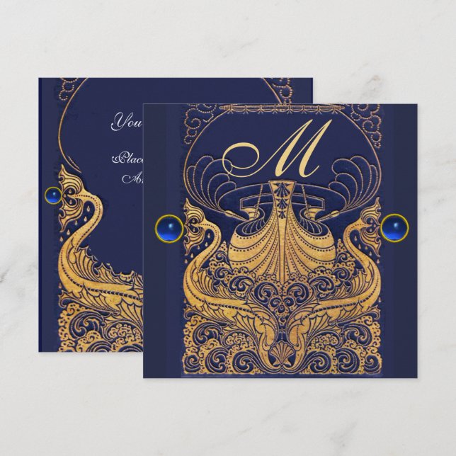 Antique Vessel,Dolphins,Gold,Navy Blue Monogram Invitation (Front/Back)