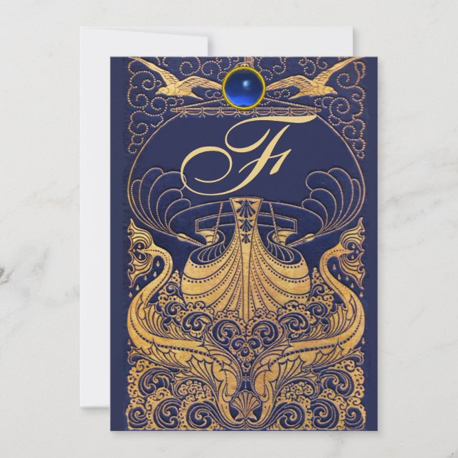 Antique Vessel,Dolphins,Gold,Navy Blue Monogram Invitation (Front)