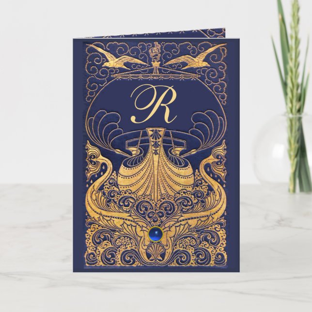 Antique Vessel,Dolphins,Gold,Navy Blue Monogram Invitation (Front)