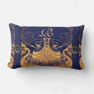 Antique Vessel,Dolphins,Gold,Navy Blue Monogram Lumbar Cushion