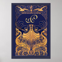 Antique Vessel,Dolphins,Gold,Navy Blue Monogram