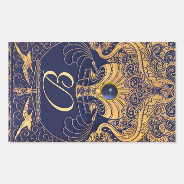 Antique Vessel,Dolphins,Gold,Navy Blue Monogram Rectangular Sticker (Front)