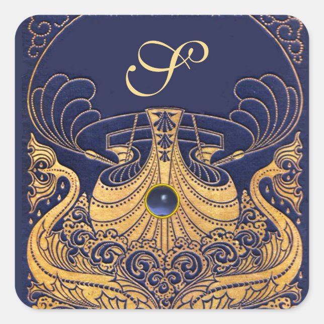 Antique Vessel,Dolphins,Gold,Navy Blue Monogram Square Sticker (Front)