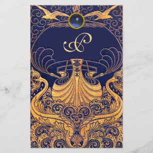 Antique Vessel,Dolphins,Gold,Navy Blue Monogram Stationery