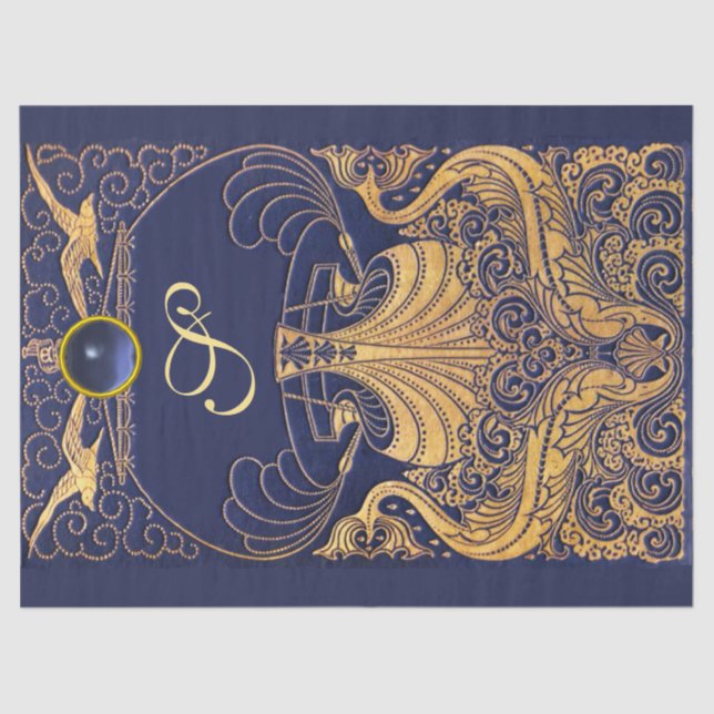 Antique Vessel,Dolphins,Gold,Navy Blue Monogram Tissue Paper (Front)