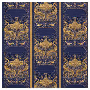 Antique Vessel,Dolphins,Gold,Navy Blue Nautical Fabric