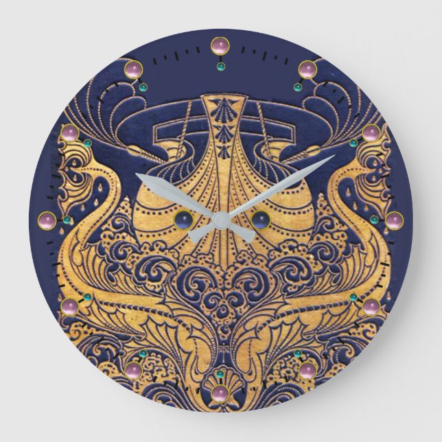 Antique Vessel,Dolphins,Gold,Navy Blue Nautical Large Clock (Front)