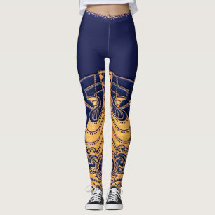 Antique Vessel,Dolphins,Gold,Navy Blue Nautical Leggings