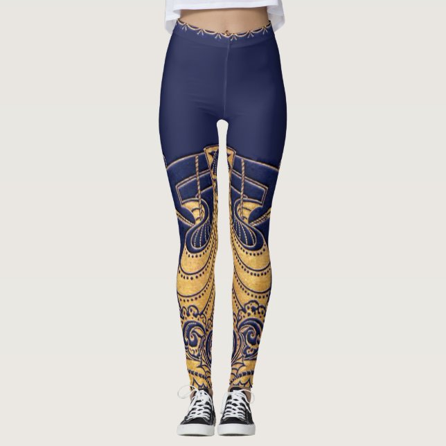 Antique Vessel,Dolphins,Gold,Navy Blue Nautical Leggings (Front)