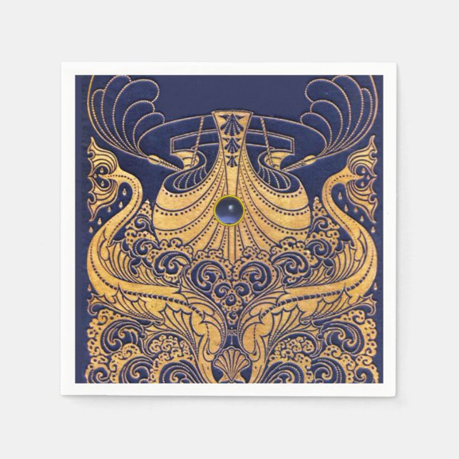 Antique Vessel,Dolphins,Gold,Navy Blue Nautical Napkin (Front)