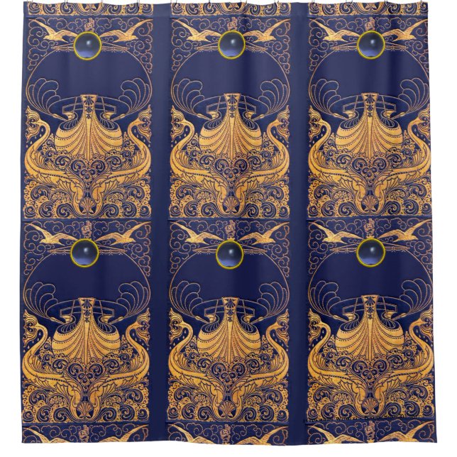 Antique Vessel,Dolphins,Gold,Navy Blue Nautical Shower Curtain (Front)