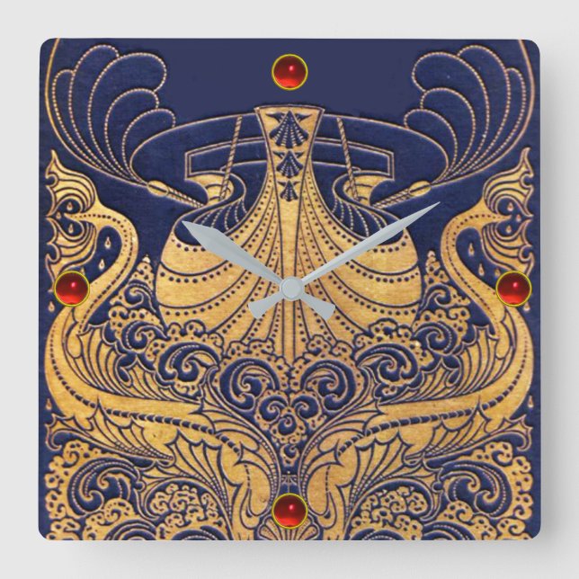 Antique Vessel,Dolphins,Gold,Navy Blue Nautical Square Wall Clock (Front)