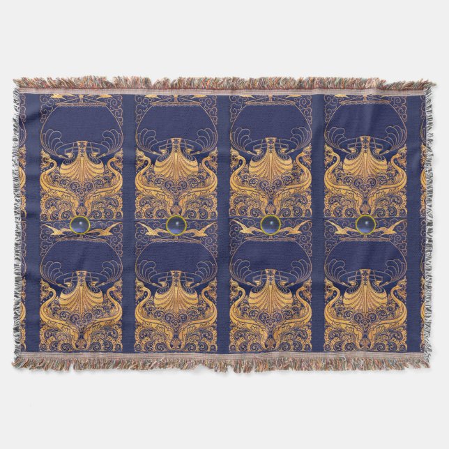 Antique Vessel,Dolphins,Gold,Navy Blue Nautical Throw Blanket (Front)