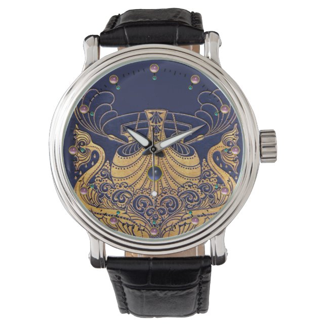 Antique Vessel,Dolphins,Gold,Navy Blue Nautical Watch (Front)