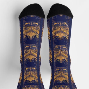 Antique Vessel,Dolphins,Gold,Navy Blue Pattern Socks