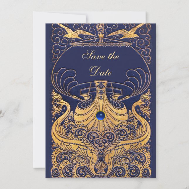 Antique Vessel,Dolphins,Gold,Navy Blue Save The Date (Front)