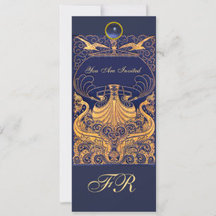 Antique Vessel,Dolphins,Yellow,Navy Blue Monogram Invitation