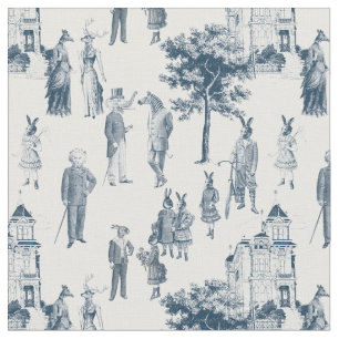 antique victorian animal toile anthropomorph blue fabric