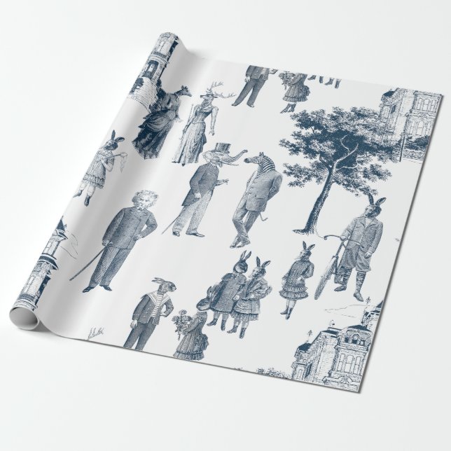 antique victorian animal toile anthropomorph blue wrapping paper (Unrolled)