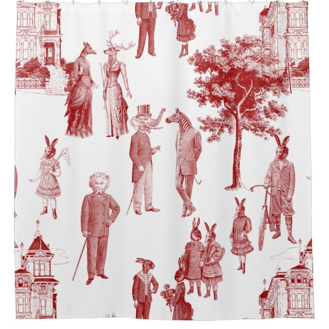 antique victorian animal toile anthropomorphic red shower curtain (Front)