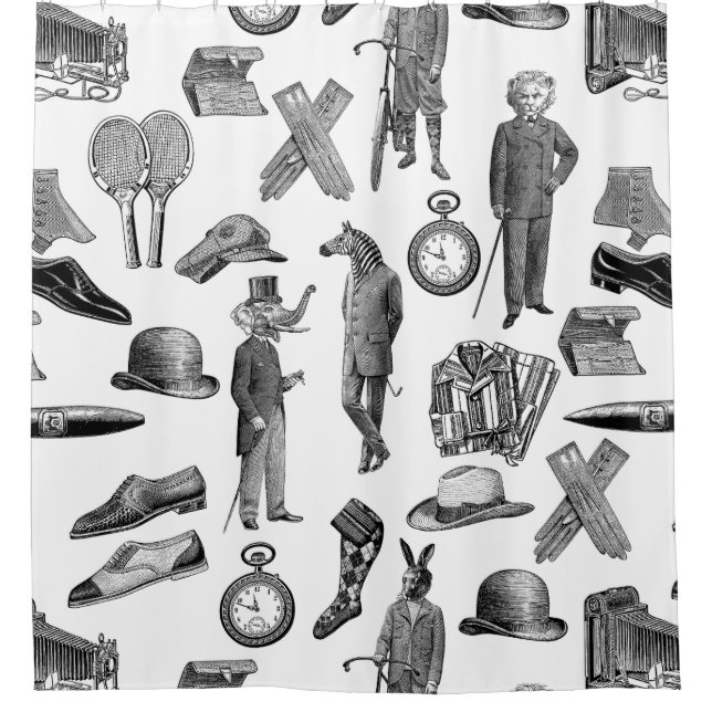 antique victorian animals black white toile men shower curtain (Front)
