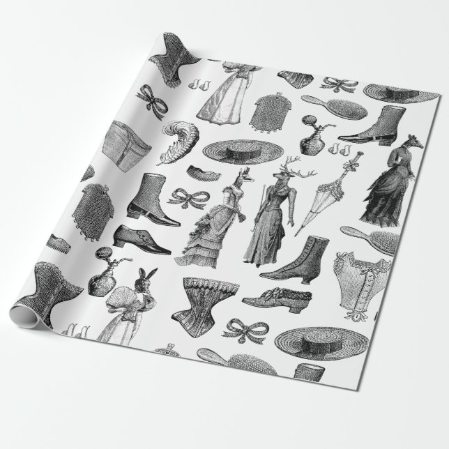 antique victorian animals black white toile women wrapping paper (Unrolled)