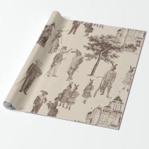 antique victorian animals brown beige toile wrapping paper