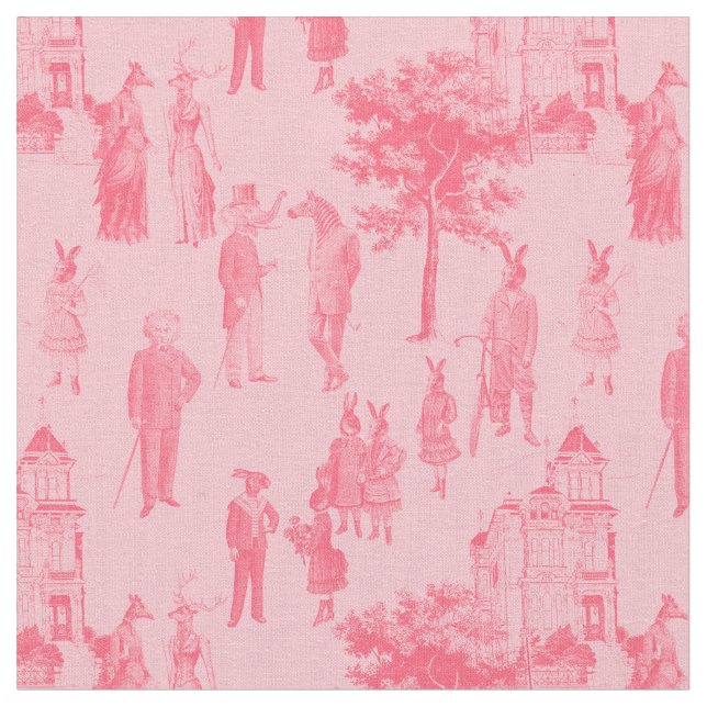 antique victorian animals pastel pink toile fabric (Close Up)