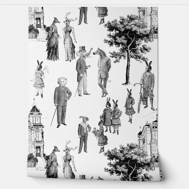 antique victorian animals toile anthropomorphic wallpaper (Unrolling)