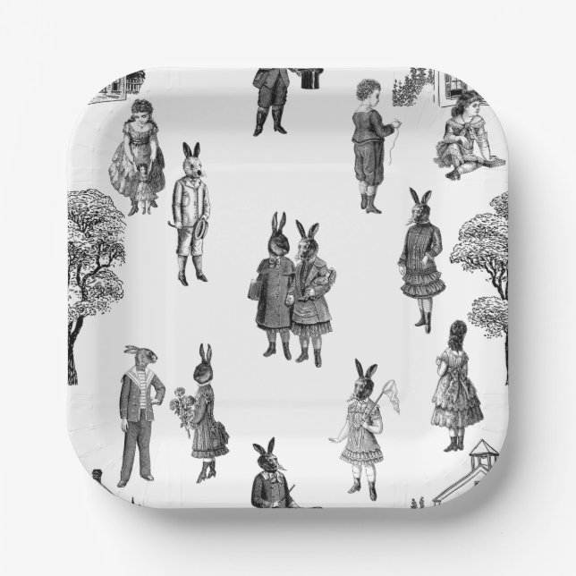 antique victorian baby animals kids white toile paper plate (Front)