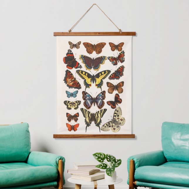Antique Victorian Butterfly Illustration Hanging Tapestry (Living Room)
