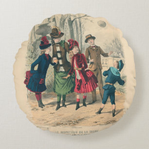 Antique Victorian Children Play Ball 1880 Winter Round Cushion