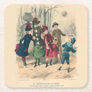 Antique Victorian Children Play Ball 1880 Winter Square Paper Coaster