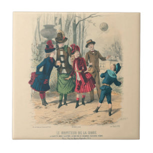 Antique Victorian Children Play Ball 1880 Winter Tile