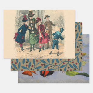 Antique Victorian Children Play Ball 1880 Winter Wrapping Paper Sheet