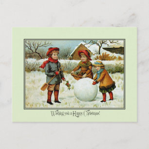 Antique Victorian Christmas children playing snow Holiday Postcard