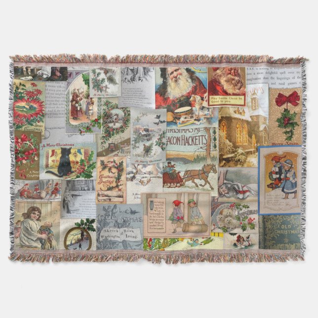 Antique Victorian Christmas Ephemera Collage Art Throw Blanket (Front)