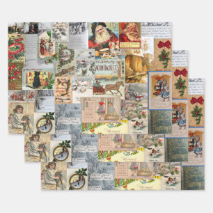 Antique Victorian Christmas Ephemera Collage Art Wrapping Paper Sheet